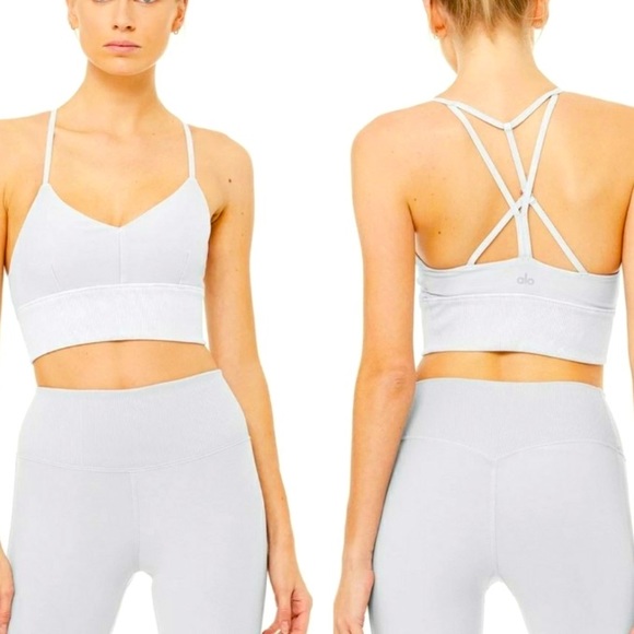 ALO YOGA Lavish light grey mesh Strappy back sexy longline sports bra Sz M - Picture 3 of 12